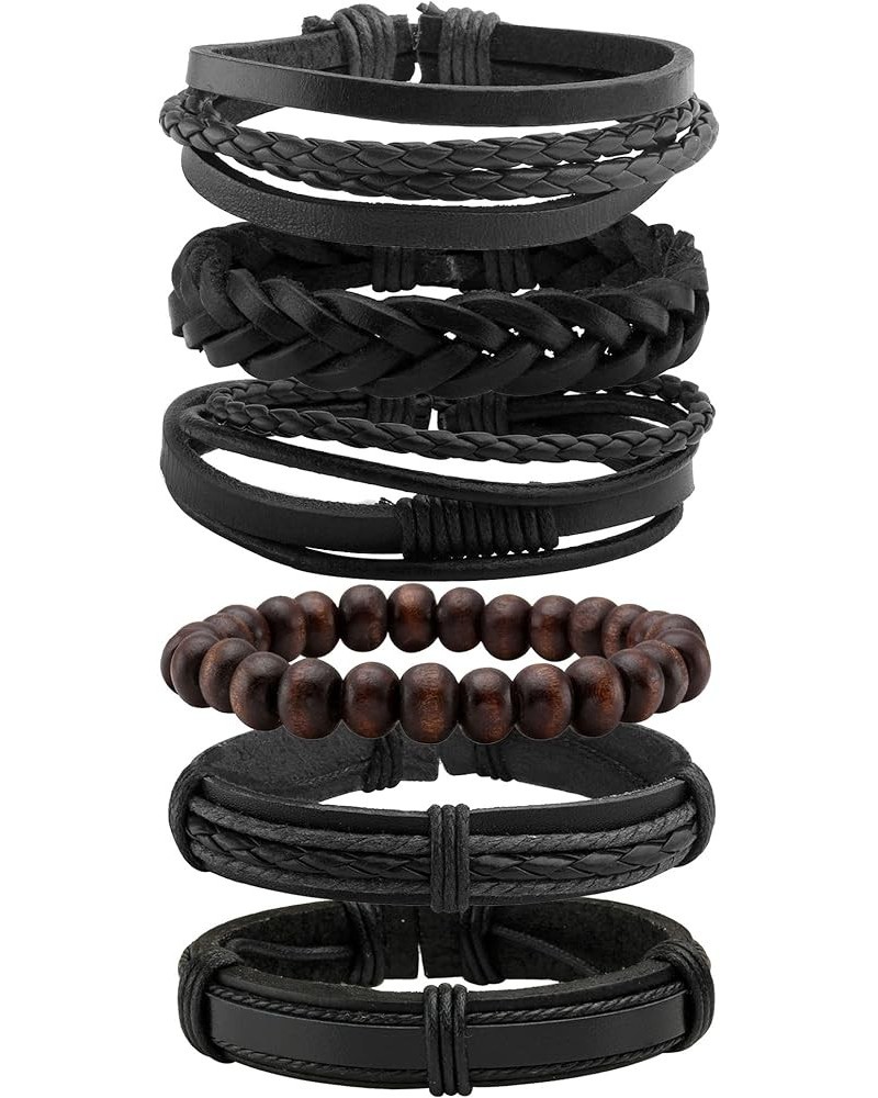 Unisex PU Leather Punk Bangles Cuff Set for Men Women Wooden Bead Link Braclet Snap Adjustable Black-1 $7.00 Bracelets