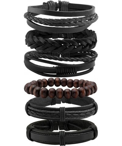 Unisex PU Leather Punk Bangles Cuff Set for Men Women Wooden Bead Link Braclet Snap Adjustable Black-1 $7.00 Bracelets