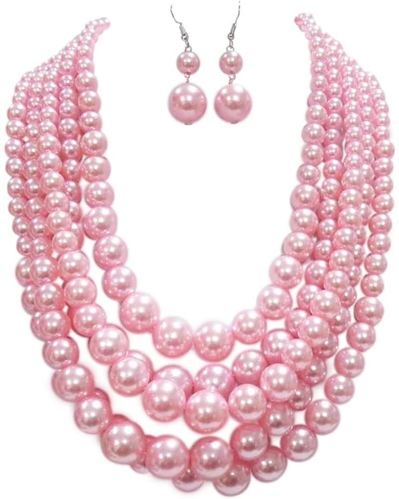 Women's 5 Colorful Multi Strands Simulated Pearl Bib Necklace And Earrings Jewelry Set, 16"+3" Extender Cotton Candy Pink $17...