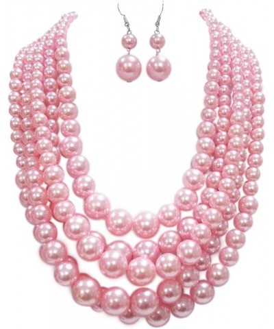 Women's 5 Colorful Multi Strands Simulated Pearl Bib Necklace And Earrings Jewelry Set, 16"+3" Extender Cotton Candy Pink $17...