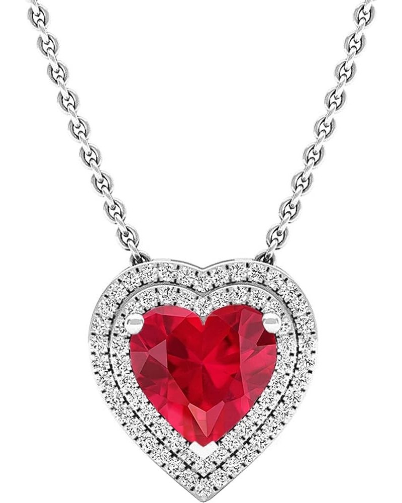 8 MM Heart Lab Created Gemstone & 0.25 ctw Round Diamond Heart Double Halo Pendant for Ladies with 18 inch Chain in Gold Meta...