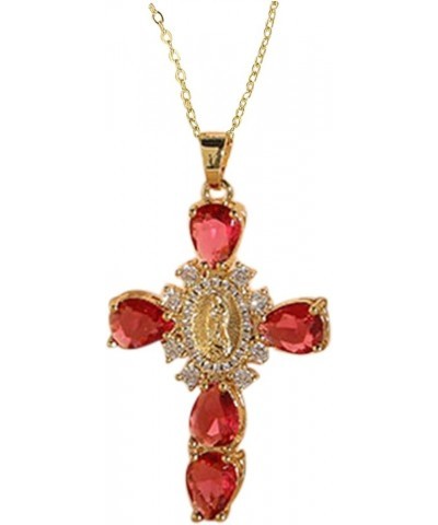 Women Crystal Zircon Cross Necklace Fashion Charming Virgin Pendant Chain Luxury Female Jewelry Red One Size $6.59 Necklaces