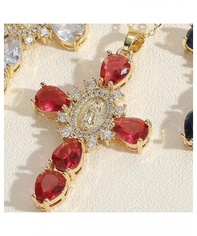 Women Crystal Zircon Cross Necklace Fashion Charming Virgin Pendant Chain Luxury Female Jewelry Red One Size $6.59 Necklaces