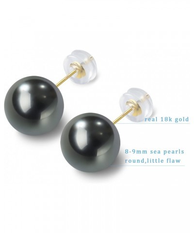 18K Yellow Gold AAA Round South Sea Tahitian Cultured Black 8-9mm Pearl Stud Earrings for Women $83.21 Earrings