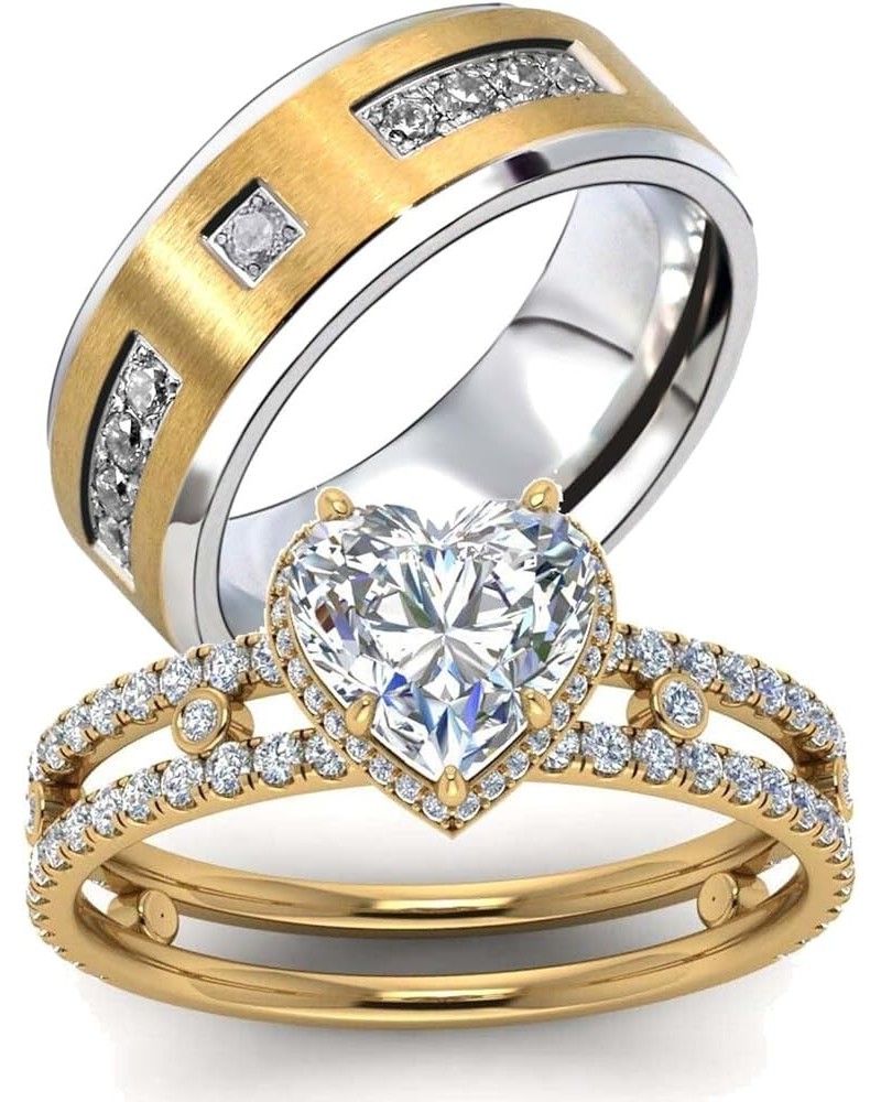 Couple Rings Matching Ring Heart 1.5ct CZ Yellow Gold Plated Women Wedding Ring Sets for Him and Her Rings Gold women size8 &...