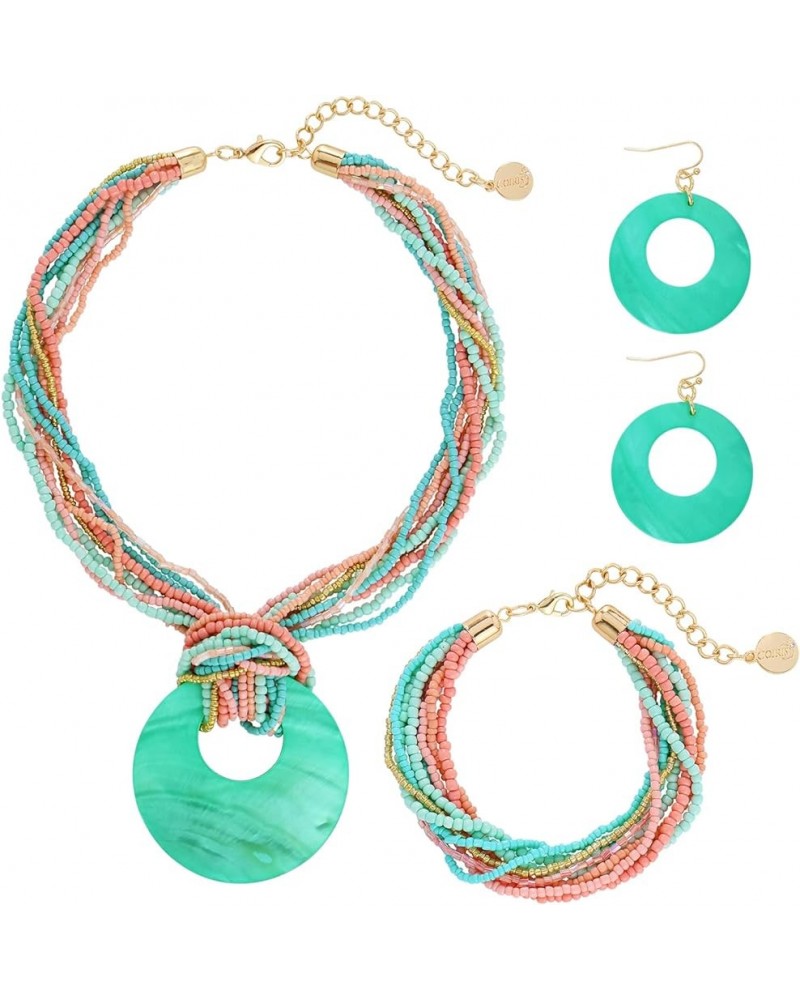 Multi Strand Statement Colorful Beaded Necklace with Big Circle Shell Pendant for Women ST0012 $9.68 Jewelry Sets