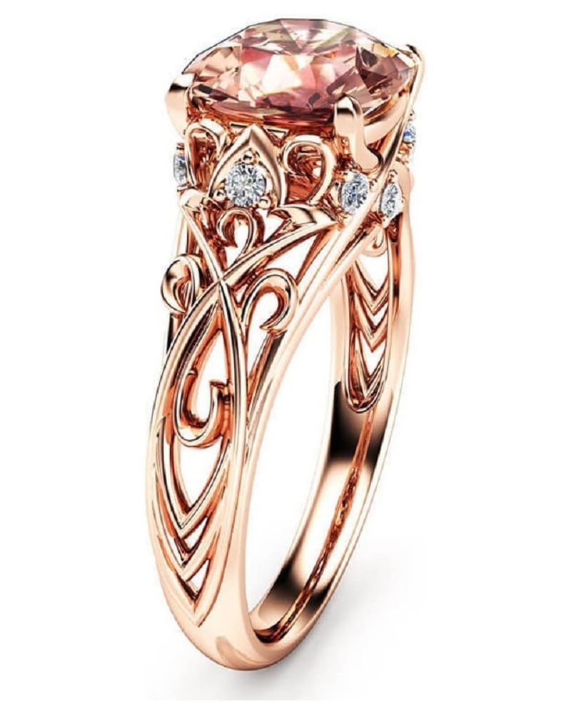 Square Princess Cut Champagne Topaz Zirconia Ring, Women's 14K Rose Gold Plated Filigree Morganite Art Deco Cocktail Rings Si...