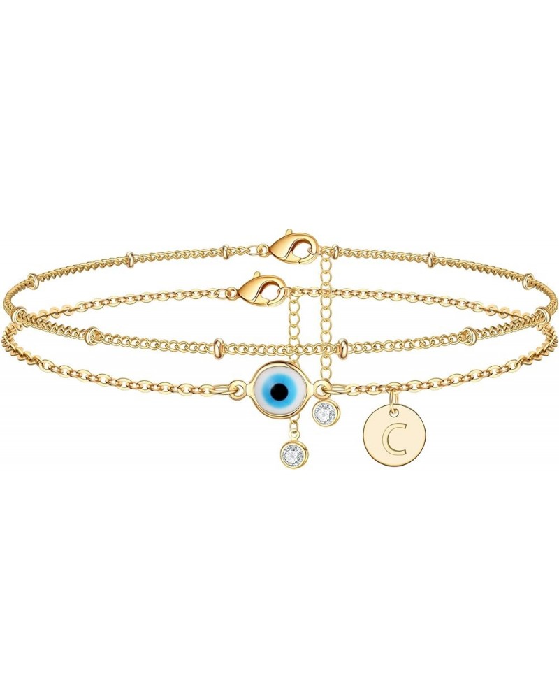 Evil Eye Ankle Bracelets for Women, 14K Gold Plated Dainty Disc Letter Initial Ankle Bracelets Layered Anklet Evil Eye Ankle ...