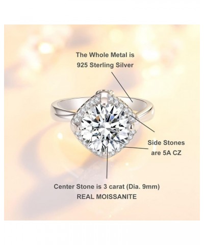 3CT Moissanite Engagement Ring, 925 Sterling Silver D Color Ideal Cut Diamond Wedding Ring for Women with Certificate of Auth...