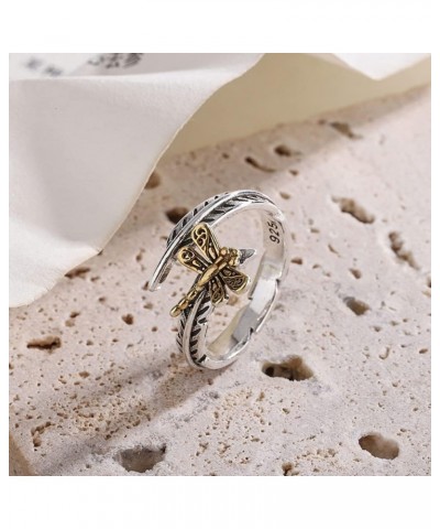 Dragonfly Adjustable Ring Cute Animal Sterling Silver 925 Plated Fashion Feather Stackable Open Vintage Retro Dragonflies Jew...