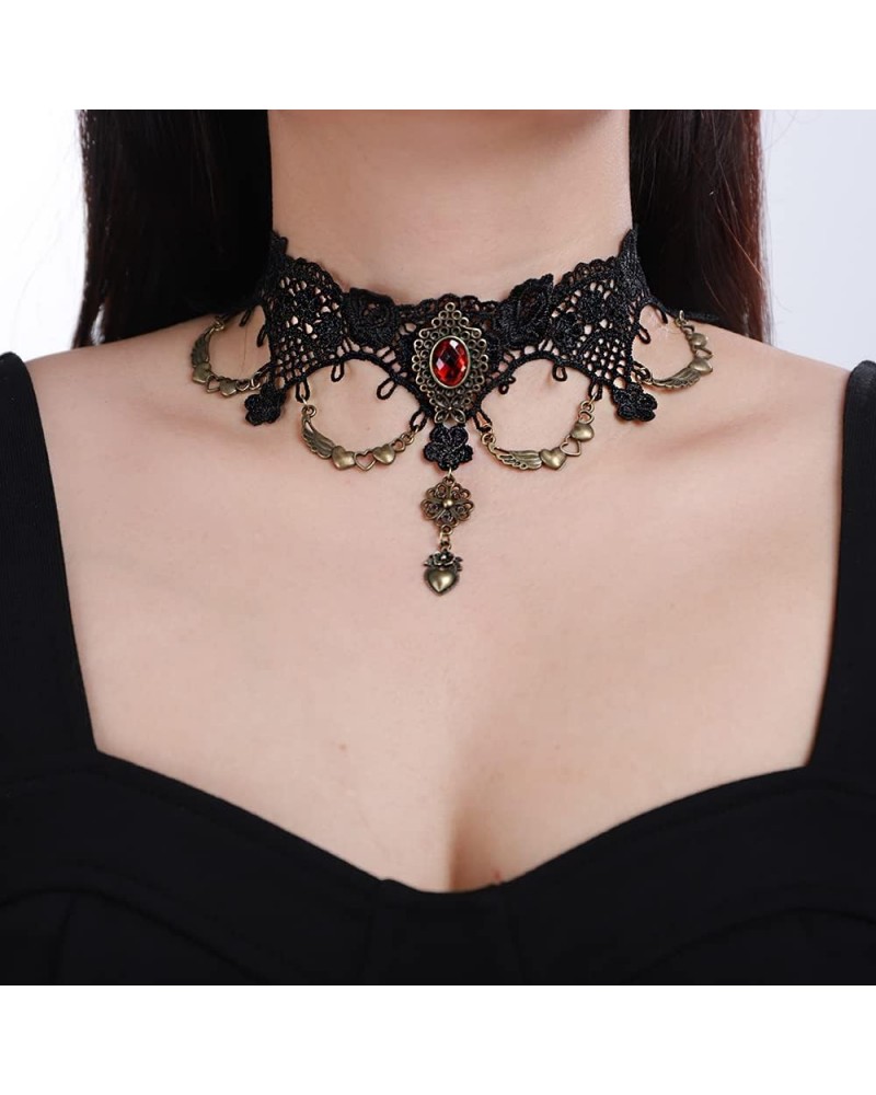 Gothic Black Lace Choker Necklace Vintage Red Ruby Crystal Pendant Necklaces Chain Tassel Victorian Halloween Vampire Costume...