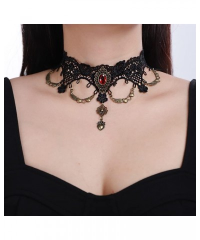 Gothic Black Lace Choker Necklace Vintage Red Ruby Crystal Pendant Necklaces Chain Tassel Victorian Halloween Vampire Costume...