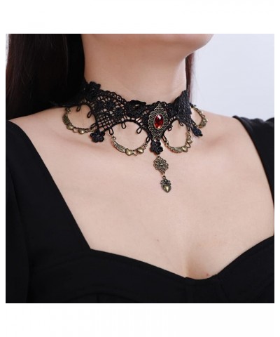 Gothic Black Lace Choker Necklace Vintage Red Ruby Crystal Pendant Necklaces Chain Tassel Victorian Halloween Vampire Costume...