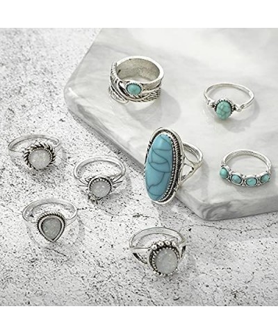 8 Pcs Bohemian Joint Knuckle Rings Set Oval Turquoise Finger Ring Opal Gemstone Teardrop Midi Rings Punk Leaf Index Ring for ...