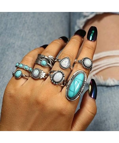 8 Pcs Bohemian Joint Knuckle Rings Set Oval Turquoise Finger Ring Opal Gemstone Teardrop Midi Rings Punk Leaf Index Ring for ...