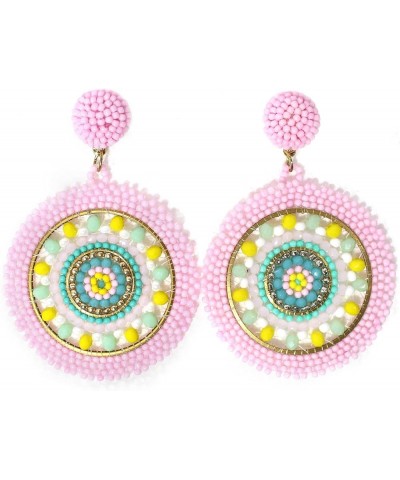 Handmade Beaded Bright Neon Colorful Post Round Earrings for Women Girl All Season Pink $9.83 Earrings