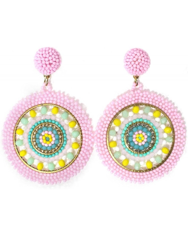 Handmade Beaded Bright Neon Colorful Post Round Earrings for Women Girl All Season Pink $9.83 Earrings