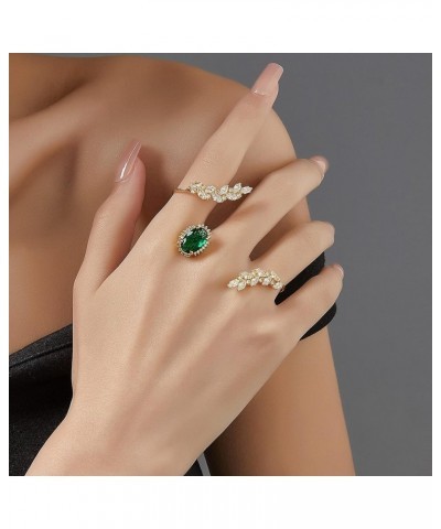 Three-Fingers Statement Ring, Emerald Stone CZ Cubic Zirconia Crystal Hand Fingers Rings Leaf Shape Jewelry Ring Unique Adjus...