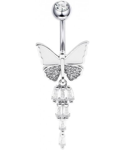 925 Sterling Silver 14G Belly Button Rings Clear CZ Navel Rings Body Piercing Jewelry Dangle Butterfly White $12.71 Body Jewelry