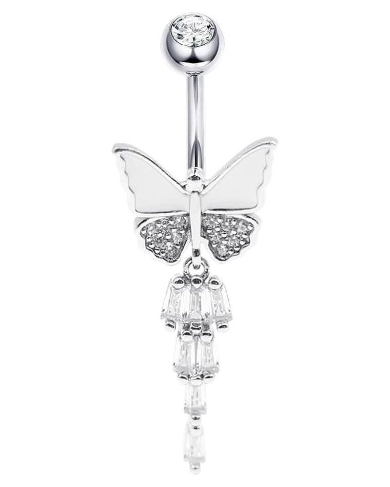 925 Sterling Silver 14G Belly Button Rings Clear CZ Navel Rings Body Piercing Jewelry Dangle Butterfly White $12.71 Body Jewelry