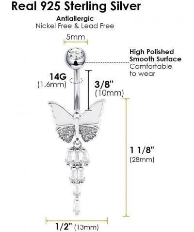 925 Sterling Silver 14G Belly Button Rings Clear CZ Navel Rings Body Piercing Jewelry Dangle Butterfly White $12.71 Body Jewelry