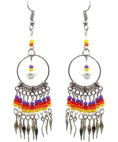 Native American Inspired Chip Stone Round Silver Metal Hoop Beaded Dangle Earrings - Womens Fashion Handmade Jewelry Tribal A...