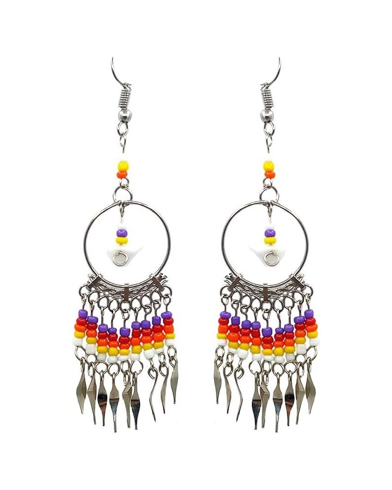 Native American Inspired Chip Stone Round Silver Metal Hoop Beaded Dangle Earrings - Womens Fashion Handmade Jewelry Tribal A...