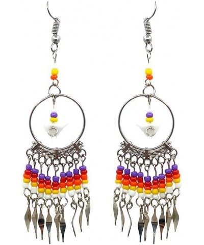 Native American Inspired Chip Stone Round Silver Metal Hoop Beaded Dangle Earrings - Womens Fashion Handmade Jewelry Tribal A...