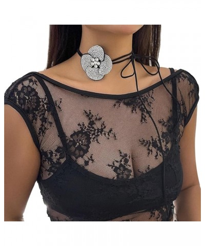 Luxury Rhinestone Big Rose Flower Choker Necklace Black Adjustable Leather Rope Clavicle Chain Neck Crystal Body Chain Neckla...