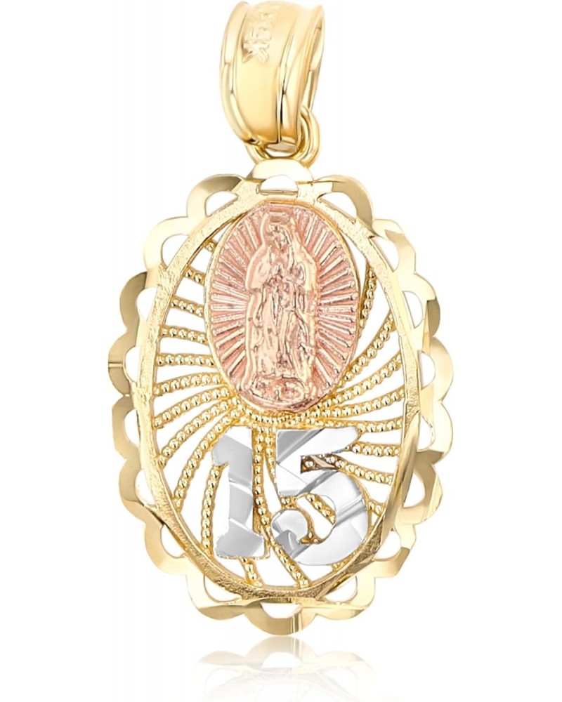 14K Tri Color Gold Sweet 15 Years Bday Quinceanera Virgin Mary Round Charm Tiny Size Pendant For Necklace or Chain $42.57 Pen...