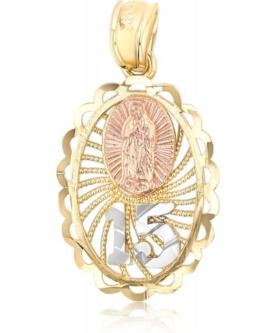 14K Tri Color Gold Sweet 15 Years Bday Quinceanera Virgin Mary Round Charm Tiny Size Pendant For Necklace or Chain $42.57 Pen...