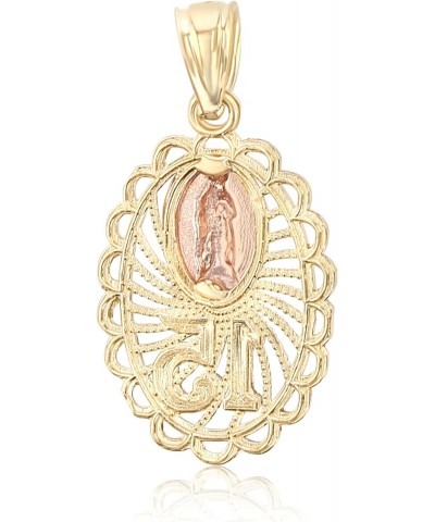 14K Tri Color Gold Sweet 15 Years Bday Quinceanera Virgin Mary Round Charm Tiny Size Pendant For Necklace or Chain $42.57 Pen...