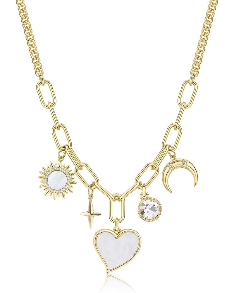 Chunky Charm Necklace, Multi Heart Sun Moon Pearl Jade Healing Crystal Charm with 14k Gold Plated Chain Gold $11.99 Necklaces