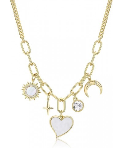 Chunky Charm Necklace, Multi Heart Sun Moon Pearl Jade Healing Crystal Charm with 14k Gold Plated Chain Gold $11.99 Necklaces