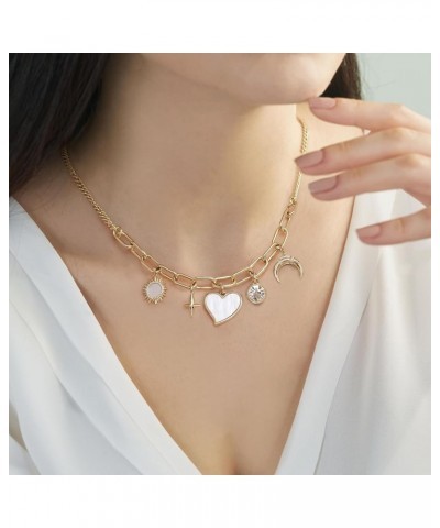 Chunky Charm Necklace, Multi Heart Sun Moon Pearl Jade Healing Crystal Charm with 14k Gold Plated Chain Gold $11.99 Necklaces