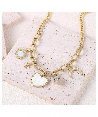 Chunky Charm Necklace, Multi Heart Sun Moon Pearl Jade Healing Crystal Charm with 14k Gold Plated Chain Gold $11.99 Necklaces