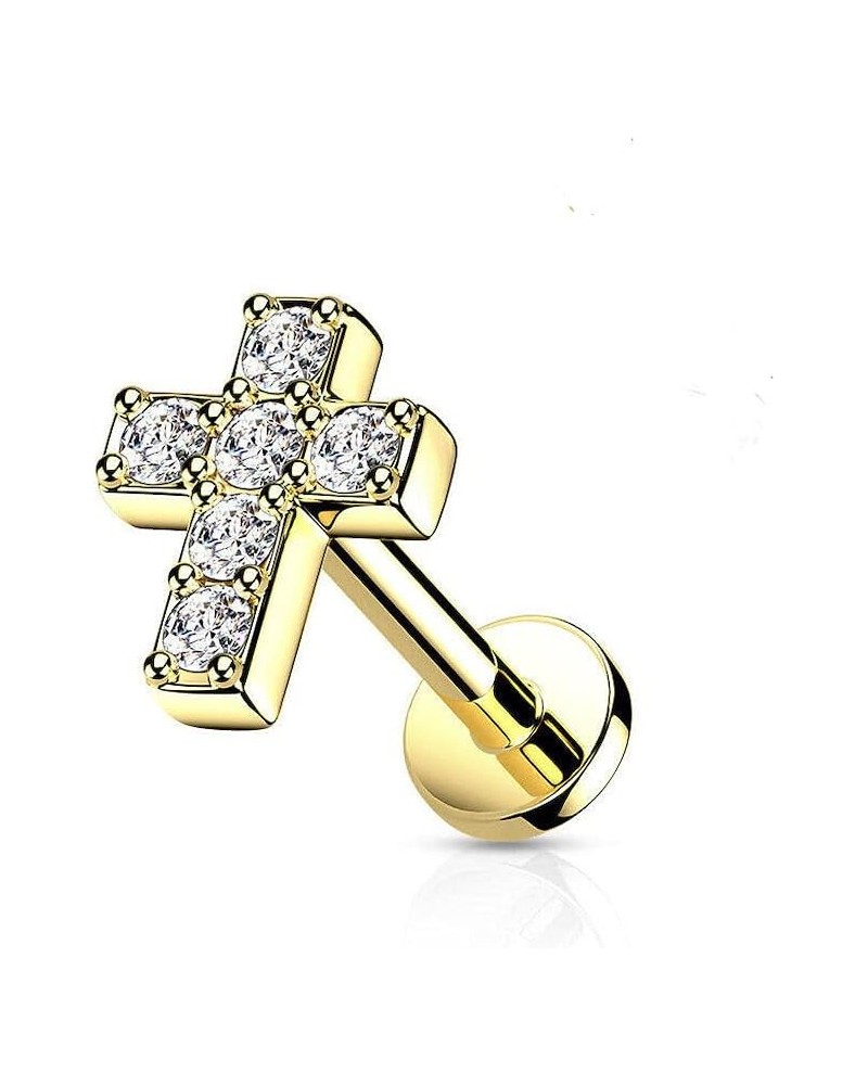 6 CZ Cross Top with Internally Threaded Surgical Steel Flat Back Studs with Extended Threading for Labret, Monroe, Cartilage ...