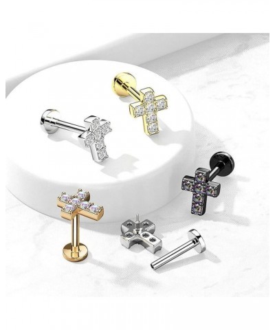 6 CZ Cross Top with Internally Threaded Surgical Steel Flat Back Studs with Extended Threading for Labret, Monroe, Cartilage ...