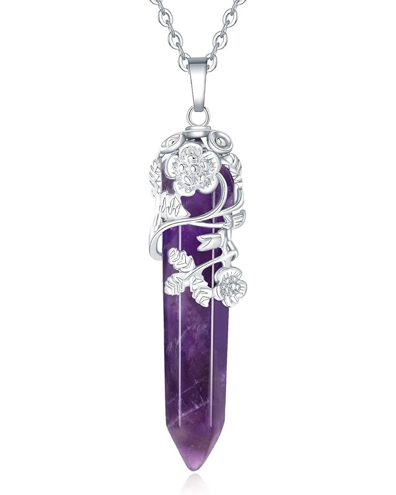 Flower Wrapped Crystal Point Pendant Necklace Reiki Healing Crystals Stone Necklaces Gemstone Quartz Jewelry for Women Purple...