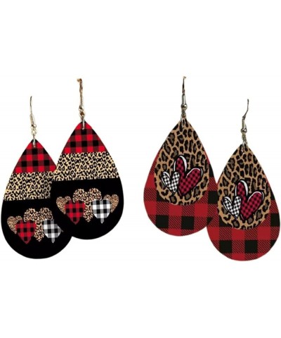 Valentine's Day Love Heart Leather Earrings Red Black Striped Buffalo Plaid Check Dangle Earrings Buffalo Leopard Printed Dro...