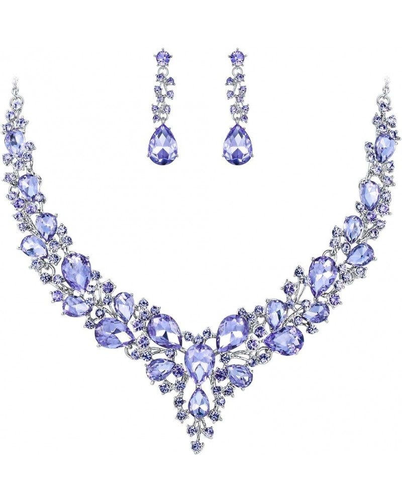 Women's Wedding Bridal Austrian Crystal Teardrop Cluster Statement Necklace Dangle Earrings Jewelry Set 13-Light Purple Silve...