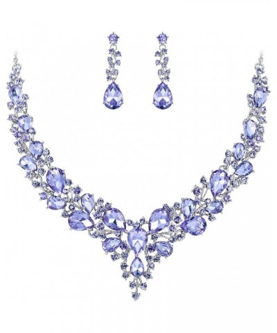 Women's Wedding Bridal Austrian Crystal Teardrop Cluster Statement Necklace Dangle Earrings Jewelry Set 13-Light Purple Silve...