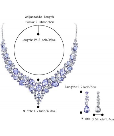 Women's Wedding Bridal Austrian Crystal Teardrop Cluster Statement Necklace Dangle Earrings Jewelry Set 13-Light Purple Silve...