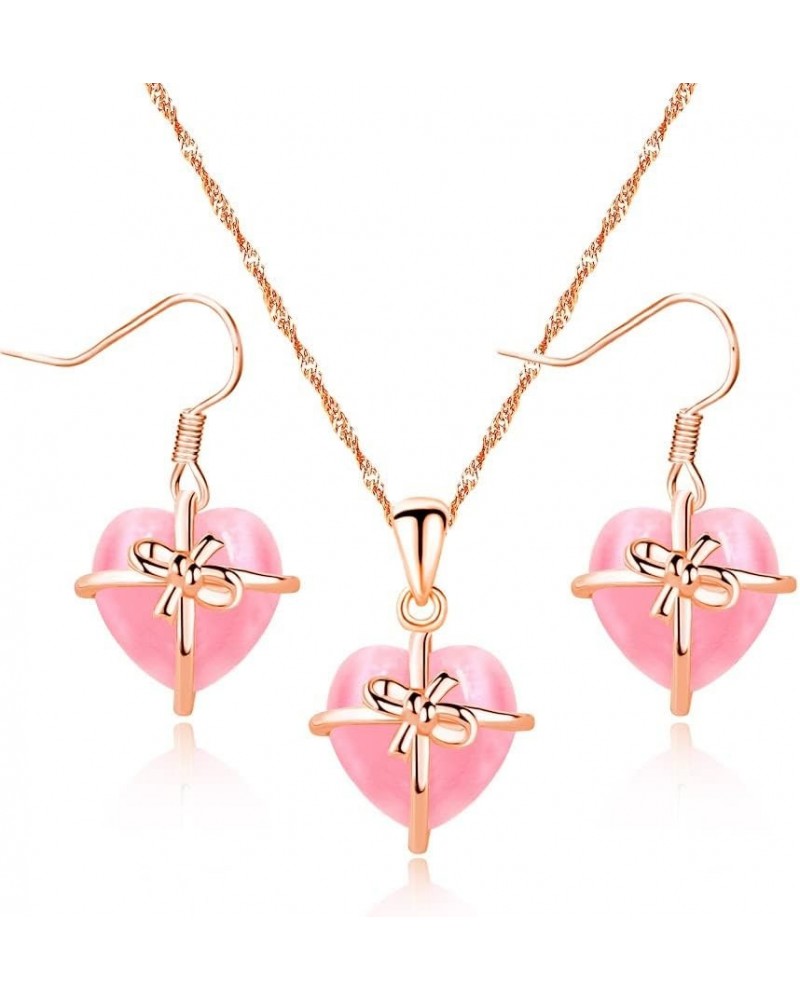 Cute Cat Shape Pink CrystaL Studs Earrings and Pendant Necklace for Teen Girls Y404 Heart Set $7.95 Necklaces