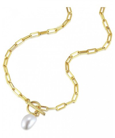 White Freshwater Pearl Gold Toggle Necklace 18'' | T Bar Paperclip Chain With Baroque Pearl Pendant Necklace $21.32 Necklaces