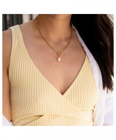 White Freshwater Pearl Gold Toggle Necklace 18'' | T Bar Paperclip Chain With Baroque Pearl Pendant Necklace $21.32 Necklaces