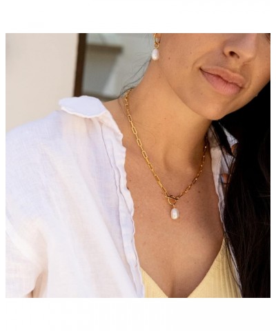 White Freshwater Pearl Gold Toggle Necklace 18'' | T Bar Paperclip Chain With Baroque Pearl Pendant Necklace $21.32 Necklaces