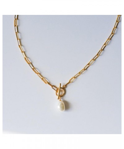 White Freshwater Pearl Gold Toggle Necklace 18'' | T Bar Paperclip Chain With Baroque Pearl Pendant Necklace $21.32 Necklaces