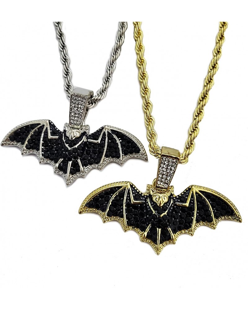 HIP HOP JEWELRY MICRO PAVE STONE GOLD SILVE PLATED BAT BLING PENDANT & 4mm 24" ROPE CHAIN NECKLACE $10.44 Necklaces