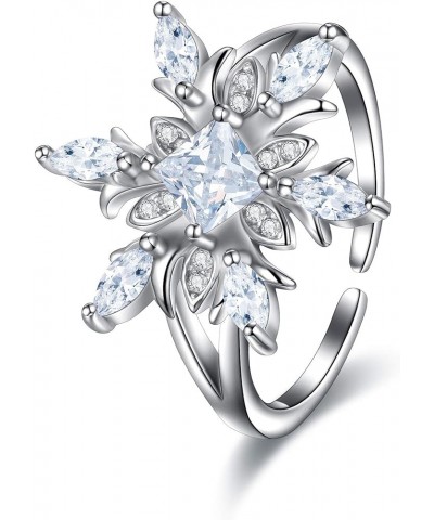 925 Sterling Silver CZ Winter Accessory Sparkle Snowflake Flower Adjustable Cuff Ring White $9.84 Rings